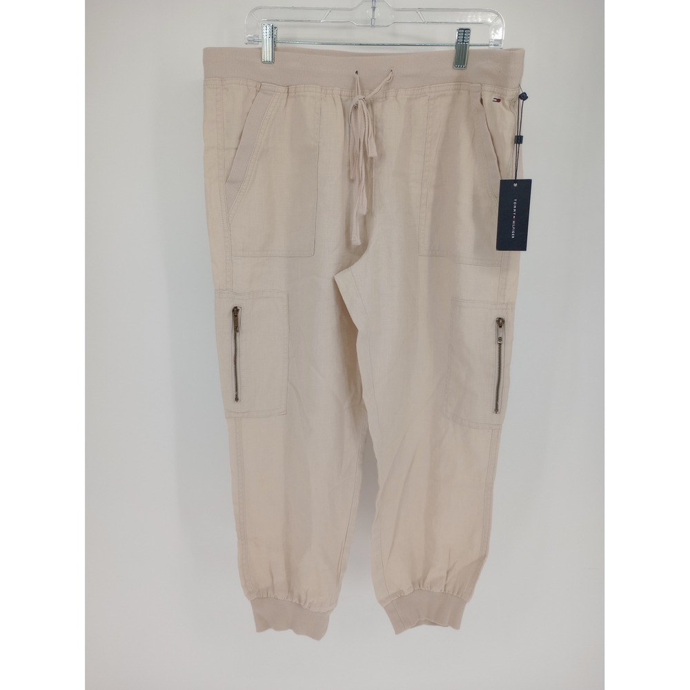 Tommy Hilfiger Cargo Joggers Womens Large Beige Linen Drawstring NWT